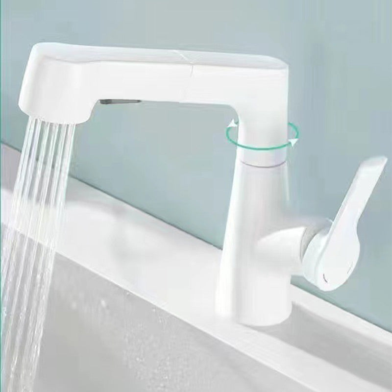 Moderner Wasserhahn mit herausziehbarem Sprühkopf, 1-Loch-Design, drehbarer Auslauf, glänzendes Finish für Bad.