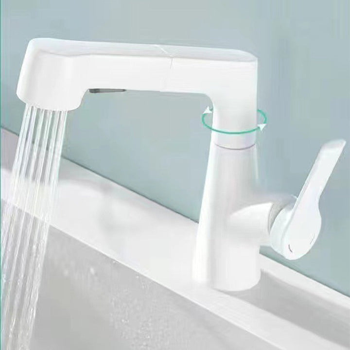 Moderner Wasserhahn mit herausziehbarem Sprühkopf, 1-Loch-Design, drehbarer Auslauf, glänzendes Finish für Bad.