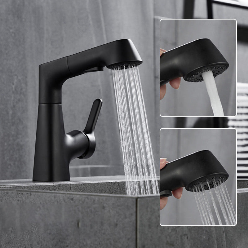 Moderner Wasserhahn mit herausziehbarem Sprühkopf, 1-Loch-Design, drehbarer Auslauf, glänzendes Finish für Bad.