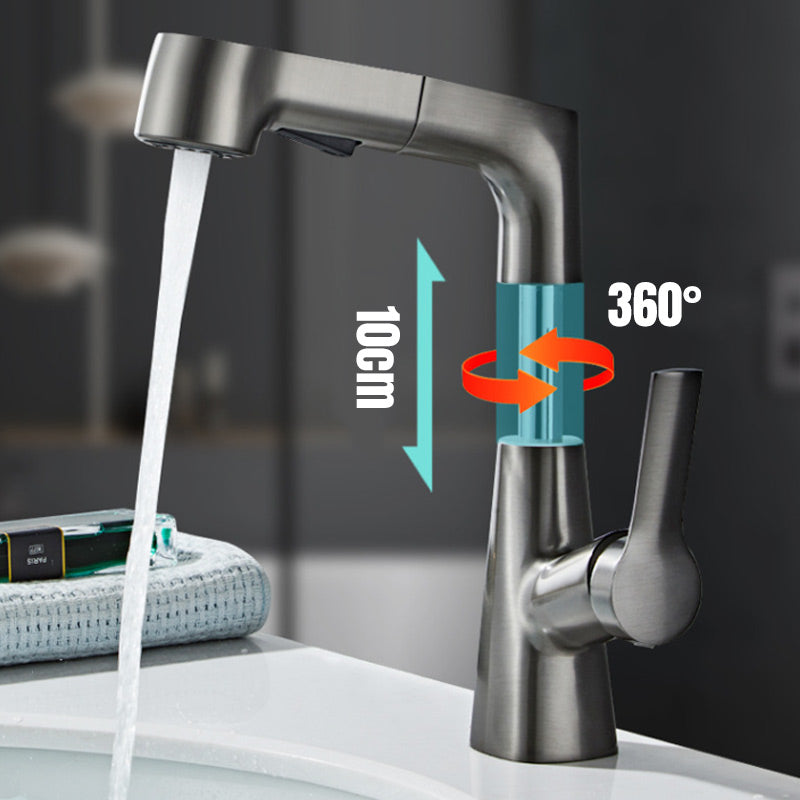 Moderner Wasserhahn mit herausziehbarem Sprühkopf, 1-Loch-Design, drehbarer Auslauf, glänzendes Finish für Bad.