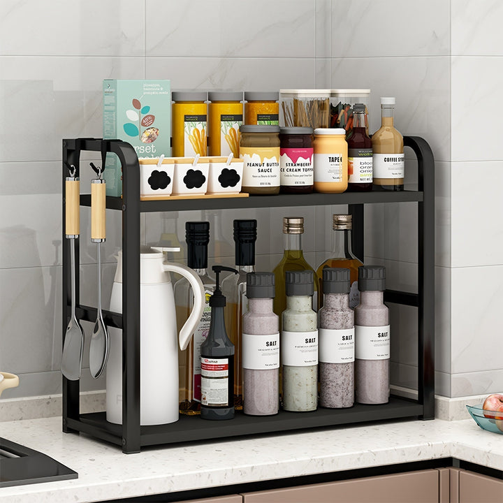 "Modernes Edelstahl-Küchenregal mit elegantem Design, praktischer Stauraum, ideal für Gewürze, 14x35x42 cm, schwarz/braun."