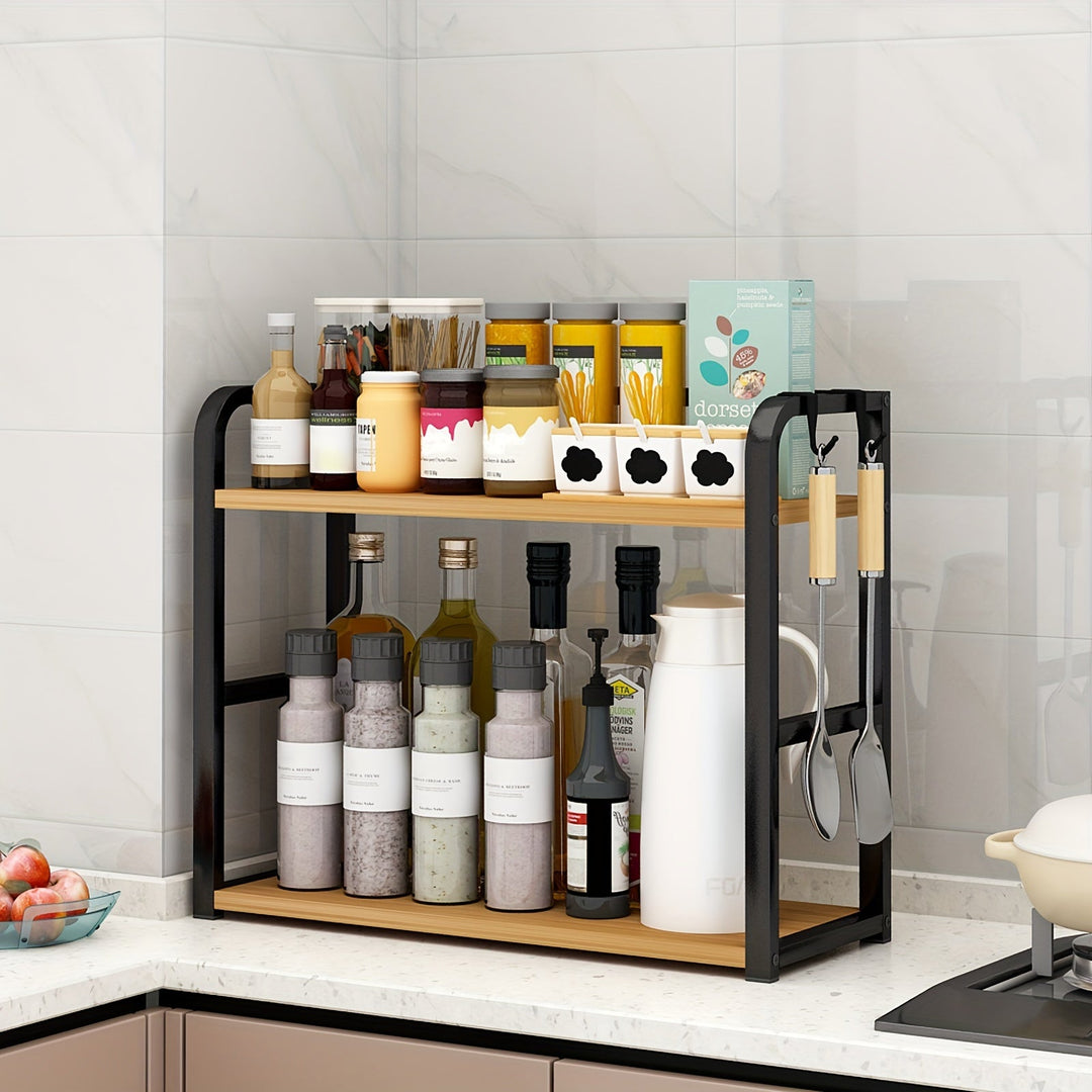 "Modernes Edelstahl-Küchenregal mit elegantem Design, praktischer Stauraum, ideal für Gewürze, 14x35x42 cm, schwarz/braun."