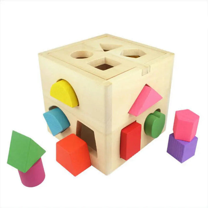 Montessori Holz-Lernwürfel in bunten Farben, Formen wie Dreiecke und Kreise, ideal für frühkindliche Entwicklung.