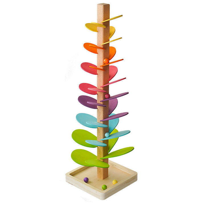 "Montessori Regenbogen Holzturm: Farbenfrohes Spielzeug mit rollenden Murmeln zur Förderung der motorischen Entwicklung."