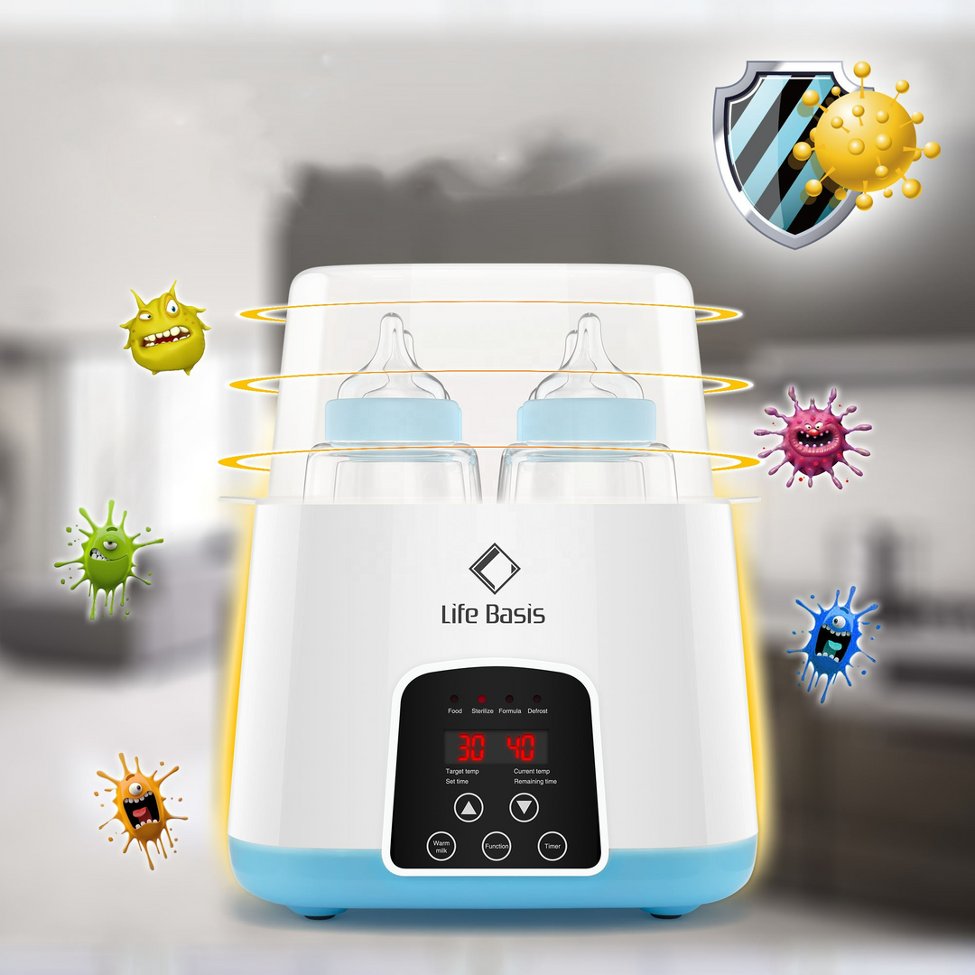 "Multifunktionaler Flaschenwärmer-Sterilisator, ideal für Babyflaschen, zeigt digitales Display und Flaschenöffnung"