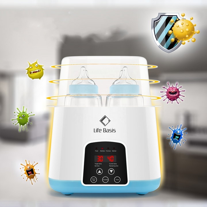 "Multifunktionaler Flaschenwärmer-Sterilisator, ideal für Babyflaschen, zeigt digitales Display und Flaschenöffnung"