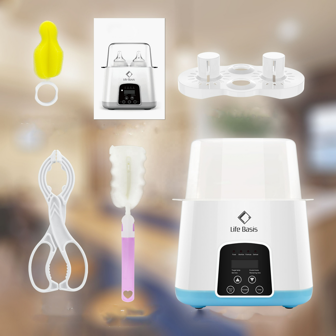 "Multifunktionaler Flaschenwärmer-Sterilisator, ideal für Babyflaschen, zeigt digitales Display und Flaschenöffnung"