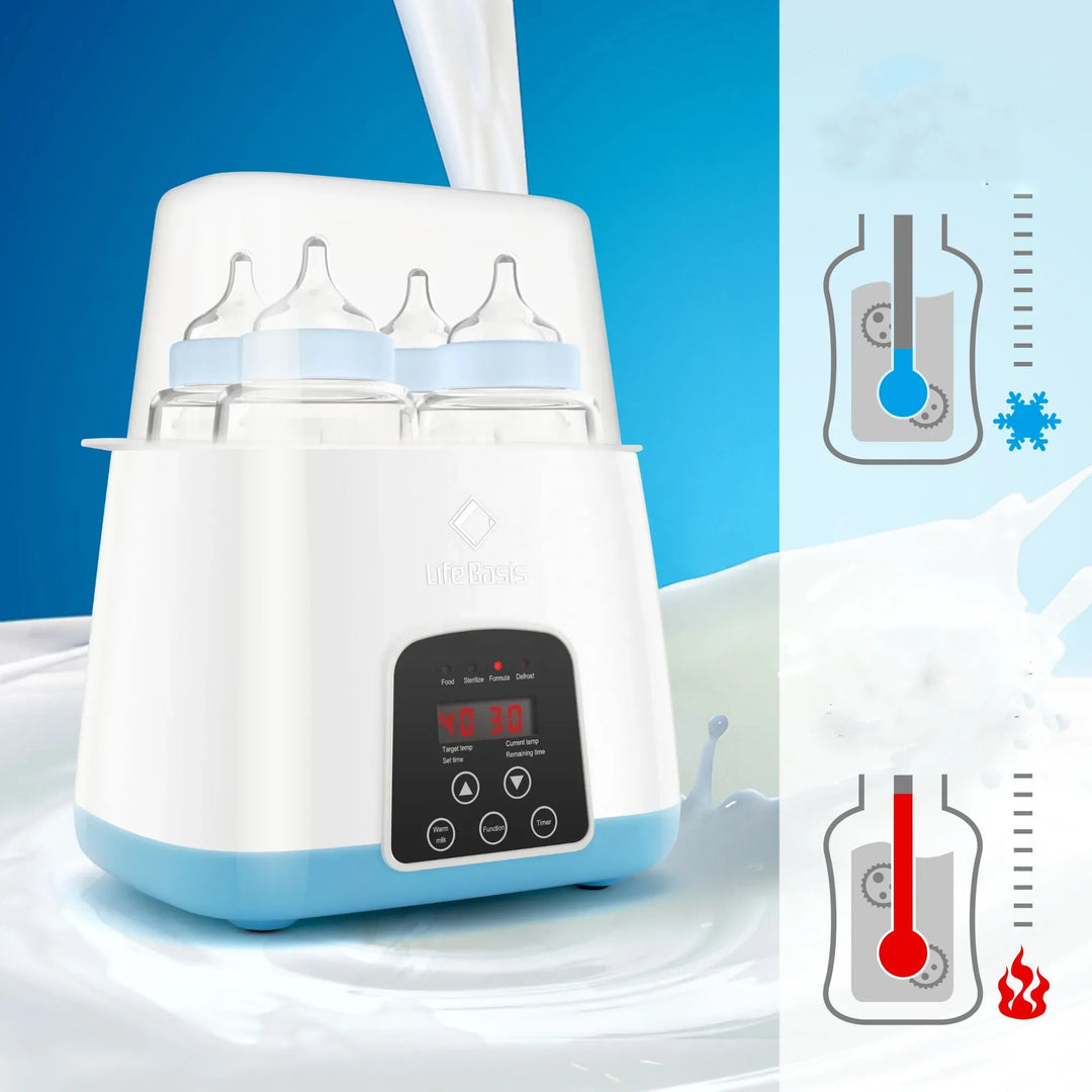 "Multifunktionaler Flaschenwärmer-Sterilisator, ideal für Babyflaschen, zeigt digitales Display und Flaschenöffnung"