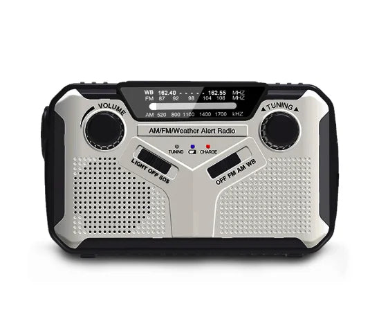 Multifunktionales Notfallradio mit Taschenlampe, Powerbank und SOS-Alarm, kompaktes Design für Outdoor-Abenteuer.