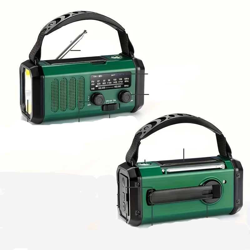 Multifunktionales Solar-Notfallradio mit Powerbank und LED-Taschenlampe für Camping und Outdoor, robust und kompakt.