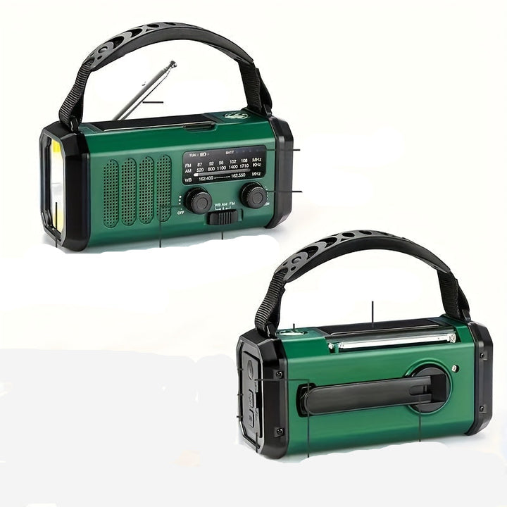 Multifunktionales Solar-Notfallradio mit Powerbank und LED-Taschenlampe für Camping und Outdoor, robust und kompakt.