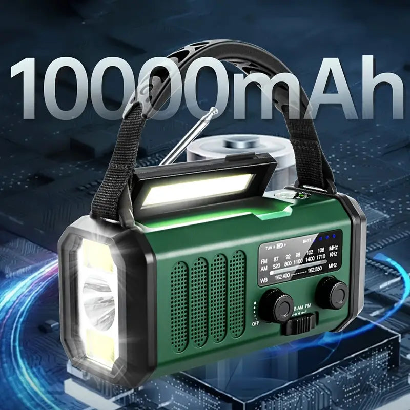 Multifunktionales Solar-Notfallradio mit Powerbank und LED-Taschenlampe für Camping und Outdoor, robust und kompakt.