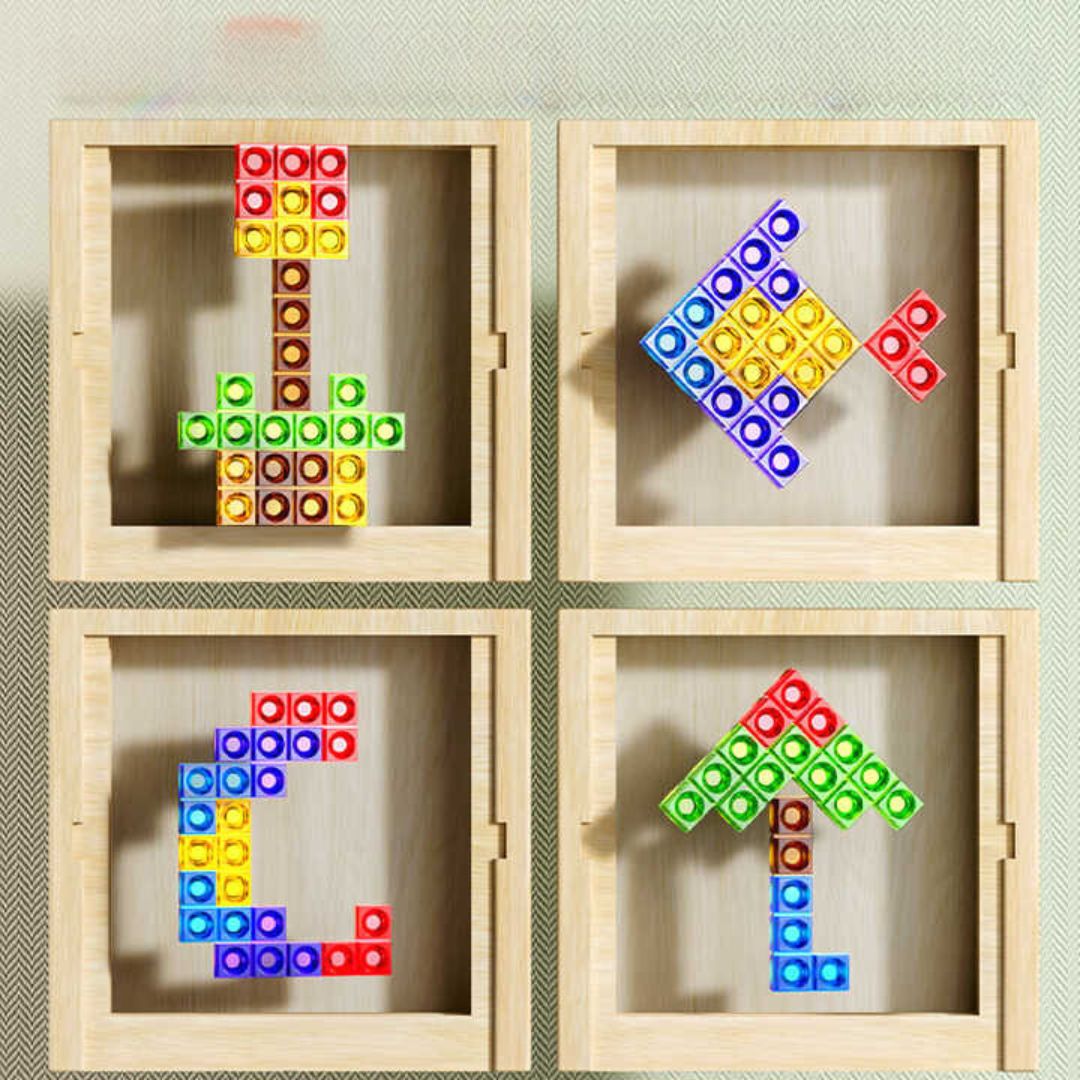 "Nachhaltiges Holz Tetris Puzzle mit bunten Steinen fördert logisches Denken und Feinmotorik bei Kindern und Erwachsenen."