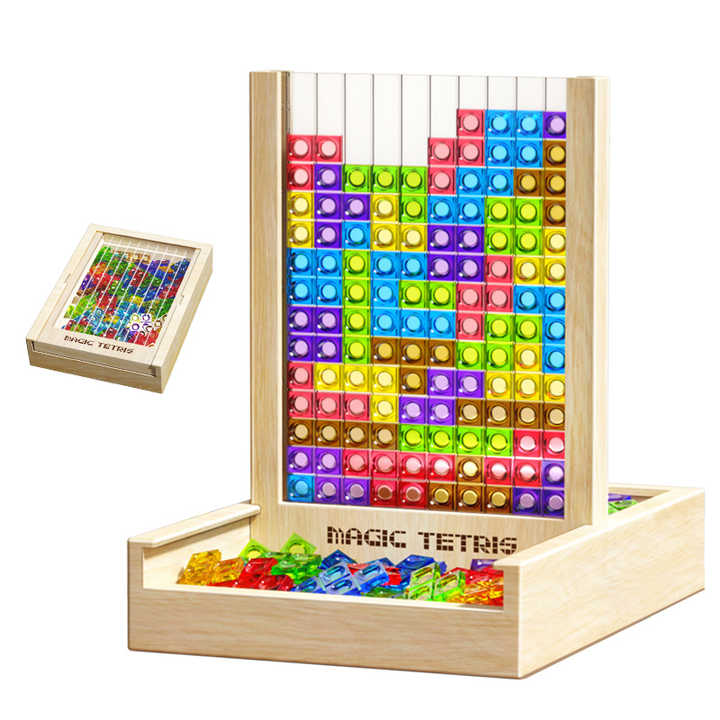 "Nachhaltiges Holz Tetris Puzzle mit bunten Steinen fördert logisches Denken und Feinmotorik bei Kindern und Erwachsenen."