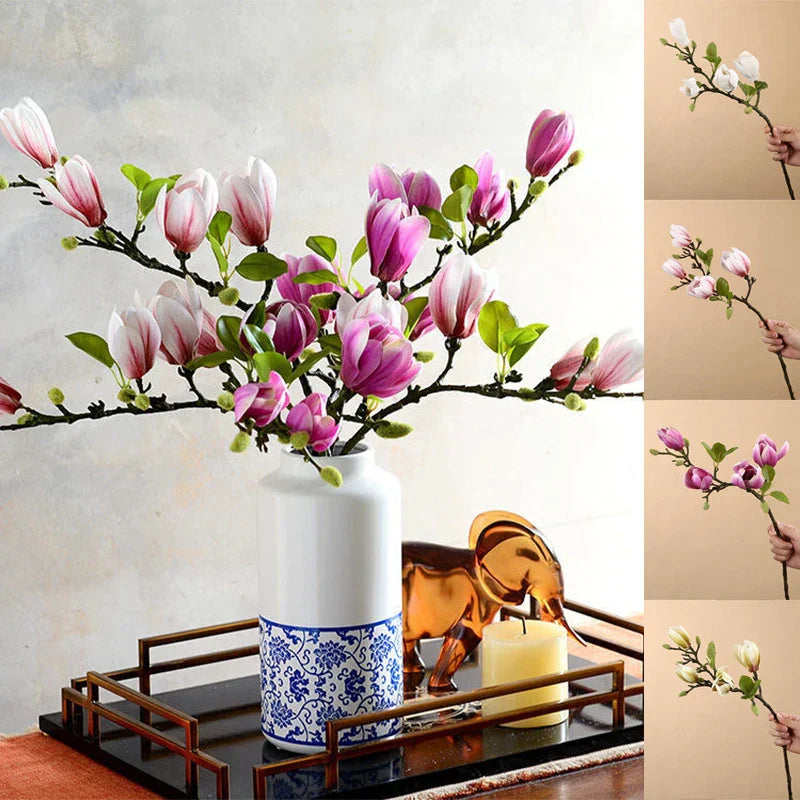 "Naturgetreue künstliche Magnolienzweige aus Seide mit detailreichen Blüten und Blättern für dekorative Innenräume"