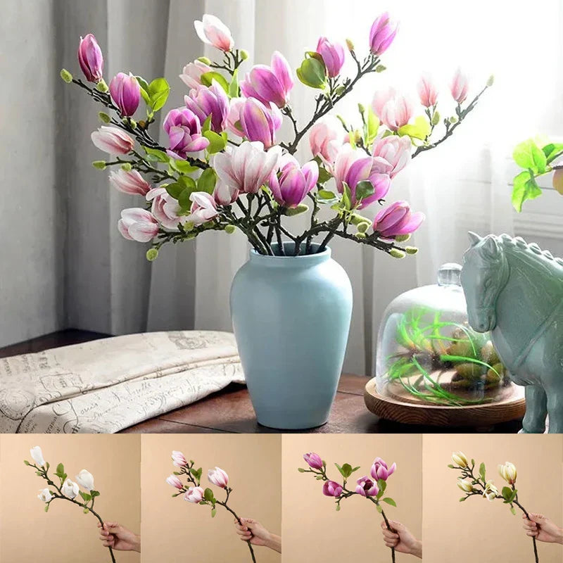 "Naturgetreue künstliche Magnolienzweige aus Seide mit detailreichen Blüten und Blättern für dekorative Innenräume"