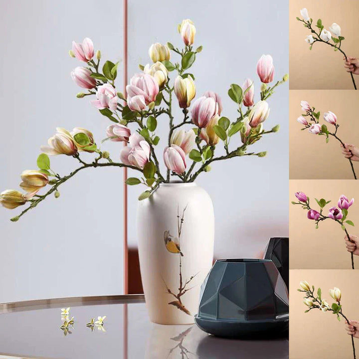 "Naturgetreue künstliche Magnolienzweige aus Seide mit detailreichen Blüten und Blättern für dekorative Innenräume"