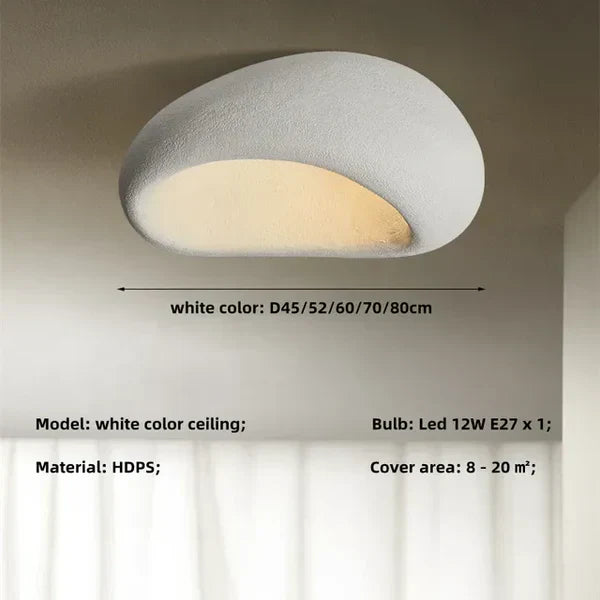 "Natürliche Wabi-Sabi-Deckenleuchte aus Metall in Betonoptik, modernes Design, warmes Licht, für entspannte Räume."