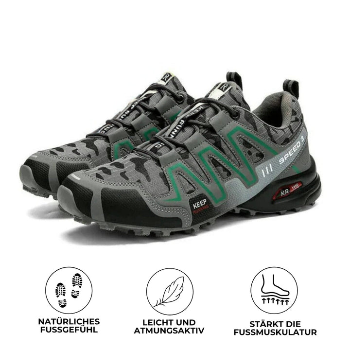 Orthopädische Wanderschuhe mit rutschfester Sohle und breitem Zehenraum, ideal für Komfort und Stabilität beim Wandern.
