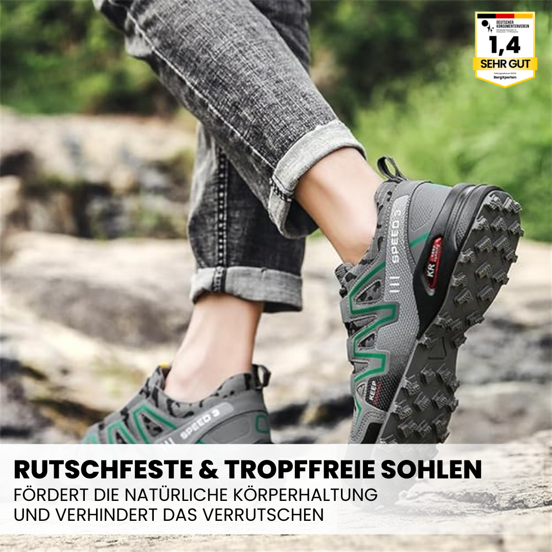 Orthopädische Wanderschuhe mit rutschfester Sohle und breitem Zehenraum, ideal für Komfort und Stabilität beim Wandern.