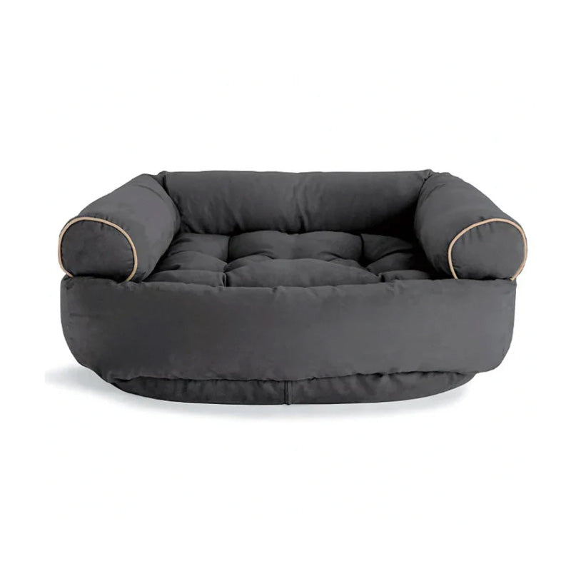 Orthopädisches Hundesofa mit Kuschelpolster, grauer Stoff, rechteckige Form, weiche Polsterung für maximalen Komfort.