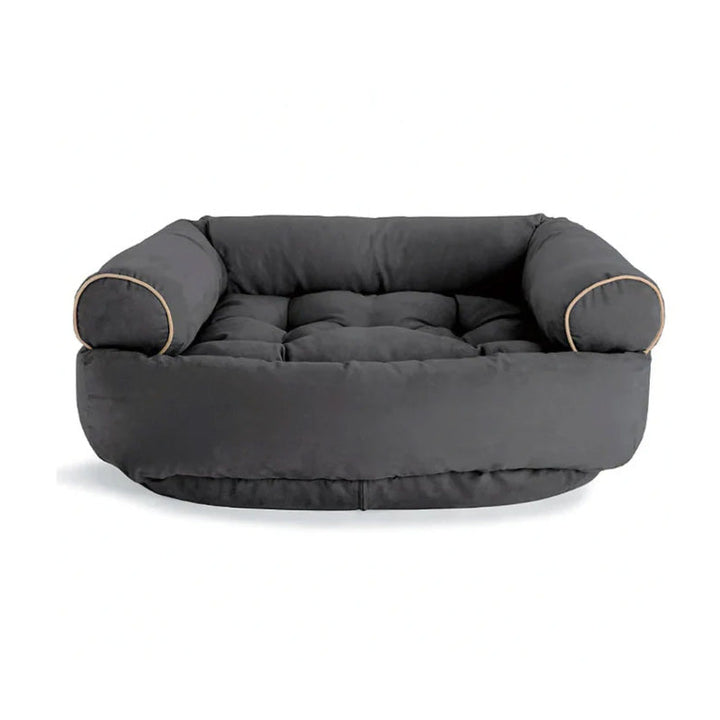 Orthopädisches Hundesofa mit Kuschelpolster, grauer Stoff, rechteckige Form, weiche Polsterung für maximalen Komfort.