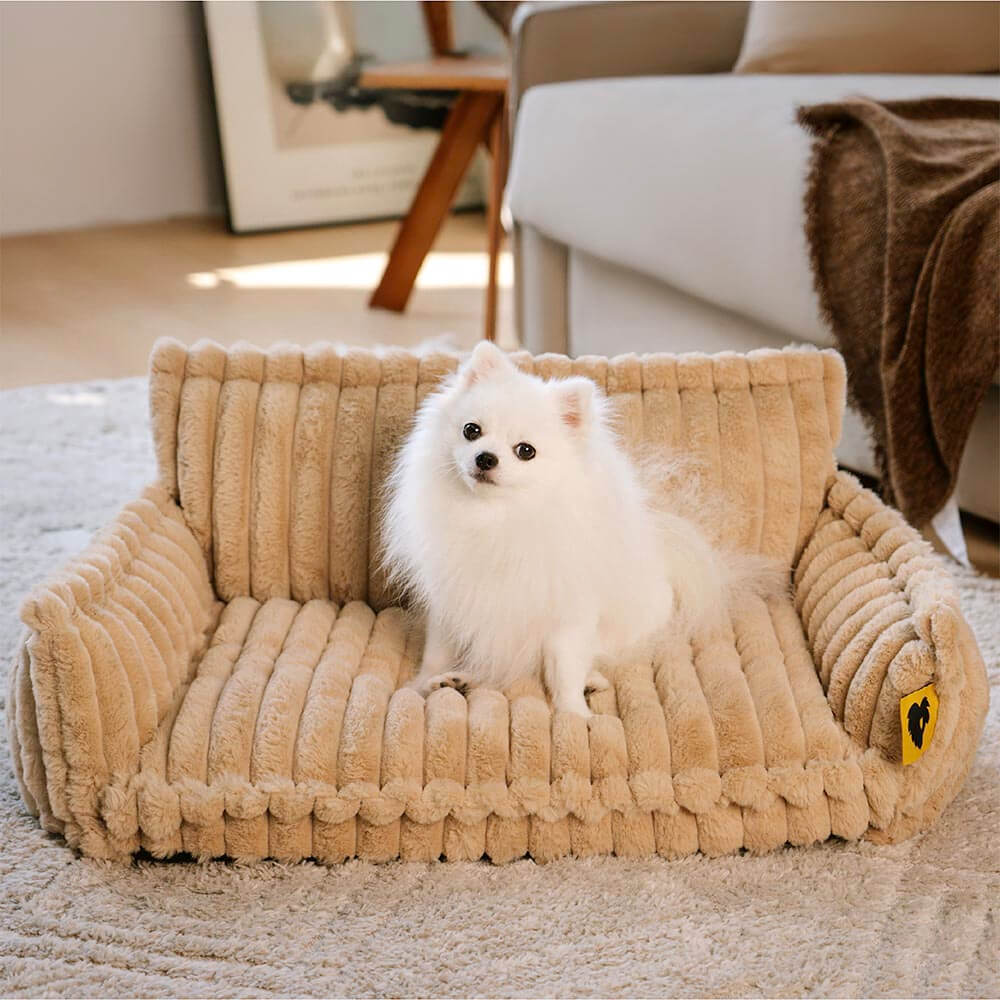 "Orthopädisches waschbares Hundebett aus Kunstfell mit Kissen und Armlehnen, ideal für Gelenkunterstützung, grau."