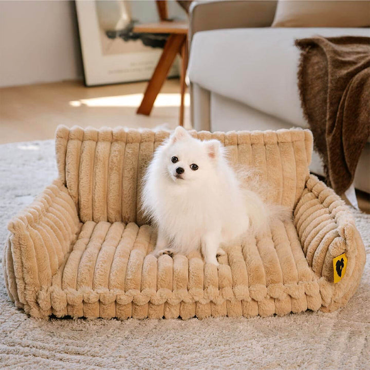 "Orthopädisches waschbares Hundebett aus Kunstfell mit Kissen und Armlehnen, ideal für Gelenkunterstützung, grau."