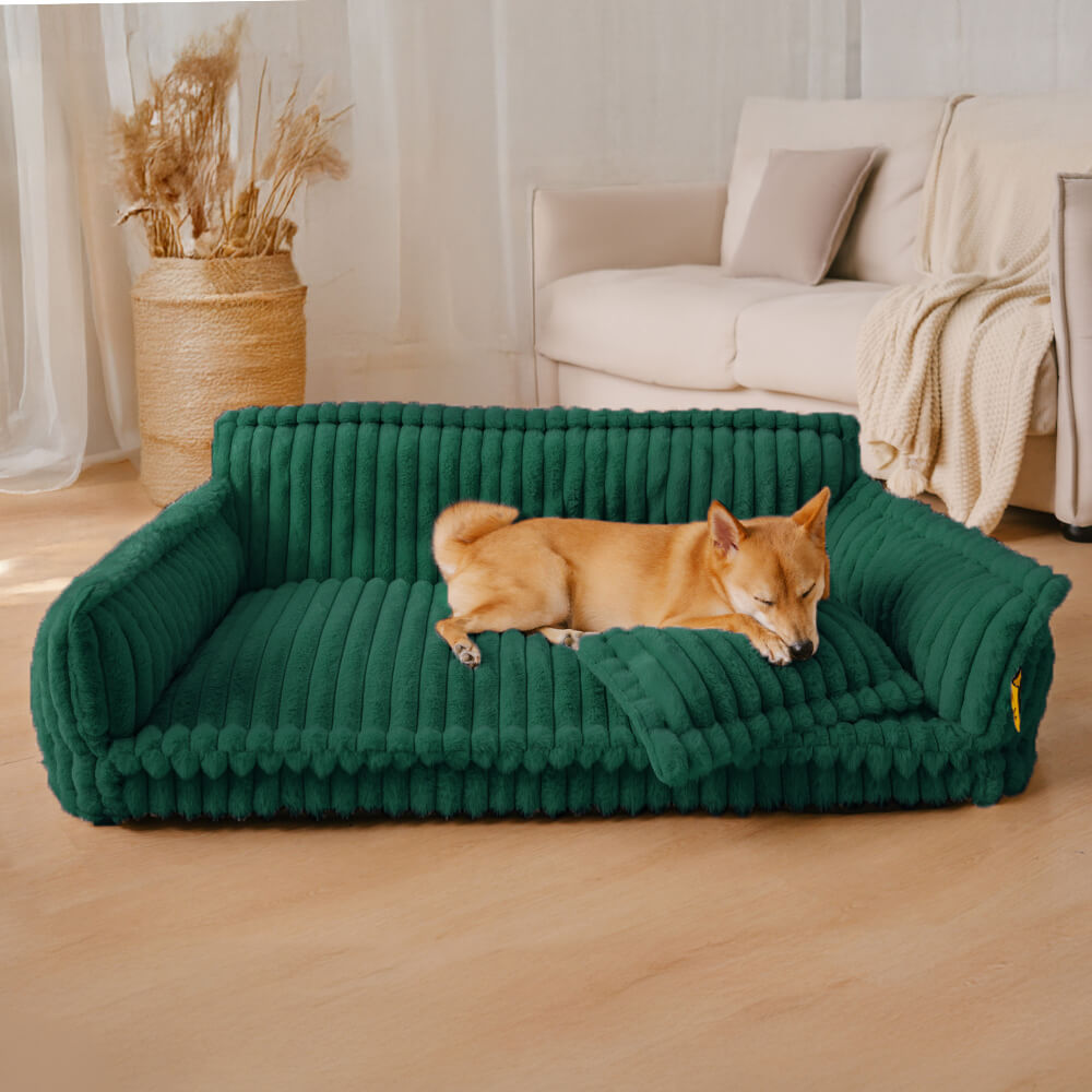 "Orthopädisches waschbares Hundebett aus Kunstfell mit Kissen und Armlehnen, ideal für Gelenkunterstützung, grau."