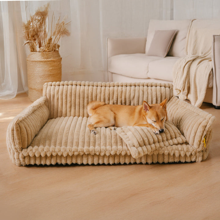 "Orthopädisches waschbares Hundebett aus Kunstfell mit Kissen und Armlehnen, ideal für Gelenkunterstützung, grau."