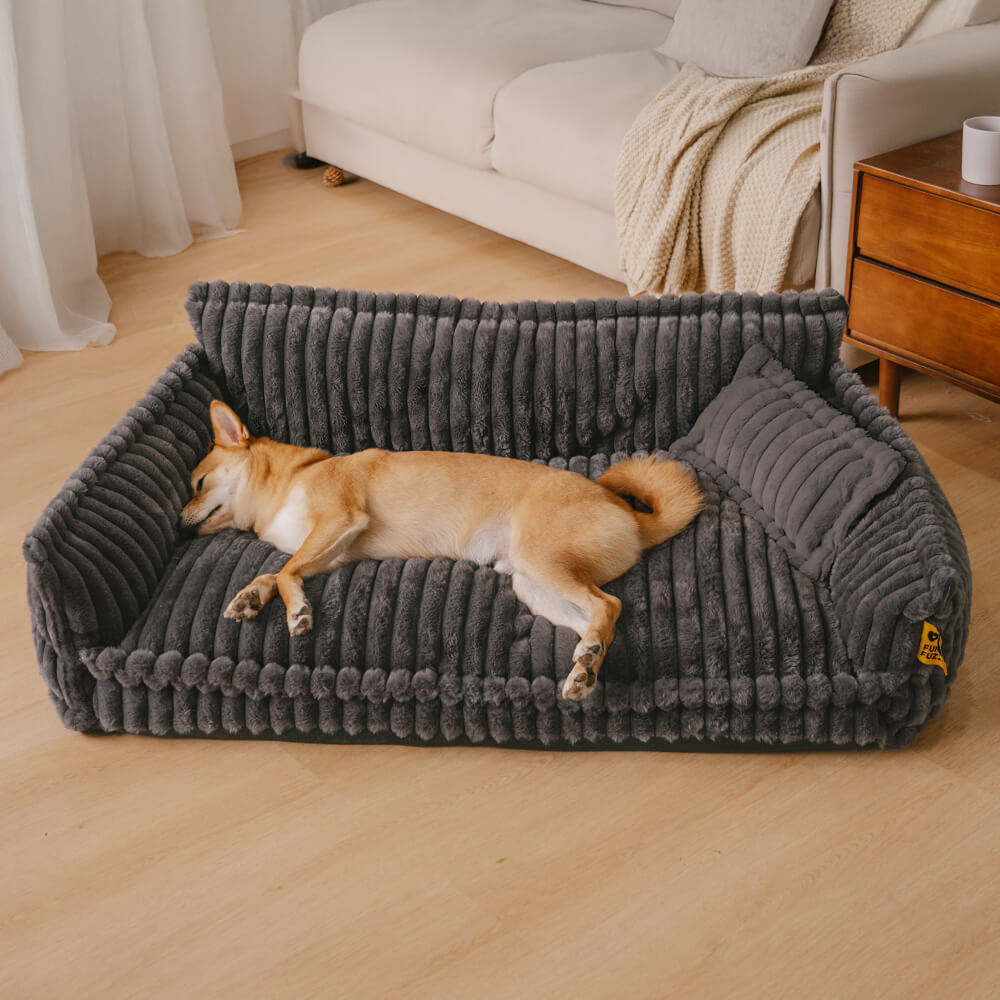 "Orthopädisches waschbares Hundebett aus Kunstfell mit Kissen und Armlehnen, ideal für Gelenkunterstützung, grau."