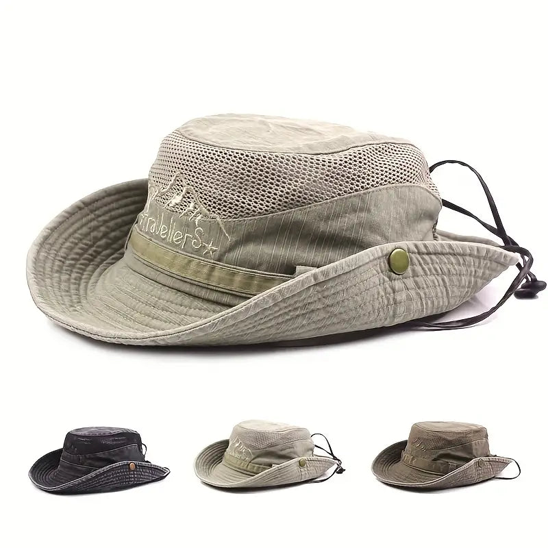 Outdoor Sonnenhut mit breitem Rand, UV-Schutz, verstellbaren Riemen, ideal für Wanderungen und Strandtage.