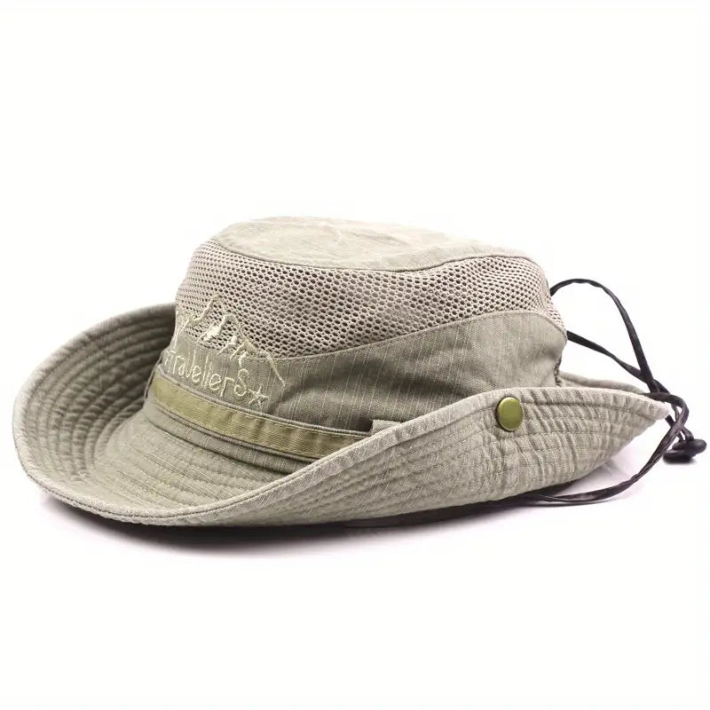 Outdoor Sonnenhut mit breitem Rand, UV-Schutz, verstellbaren Riemen, ideal für Wanderungen und Strandtage.