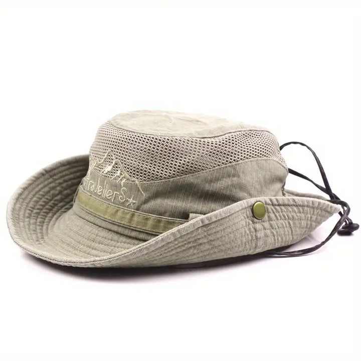 Outdoor Sonnenhut mit breitem Rand, UV-Schutz, verstellbaren Riemen, ideal für Wanderungen und Strandtage.