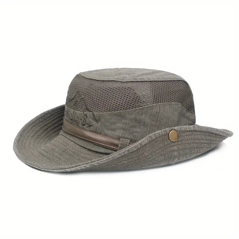 Outdoor Sonnenhut mit breitem Rand, UV-Schutz, verstellbaren Riemen, ideal für Wanderungen und Strandtage.