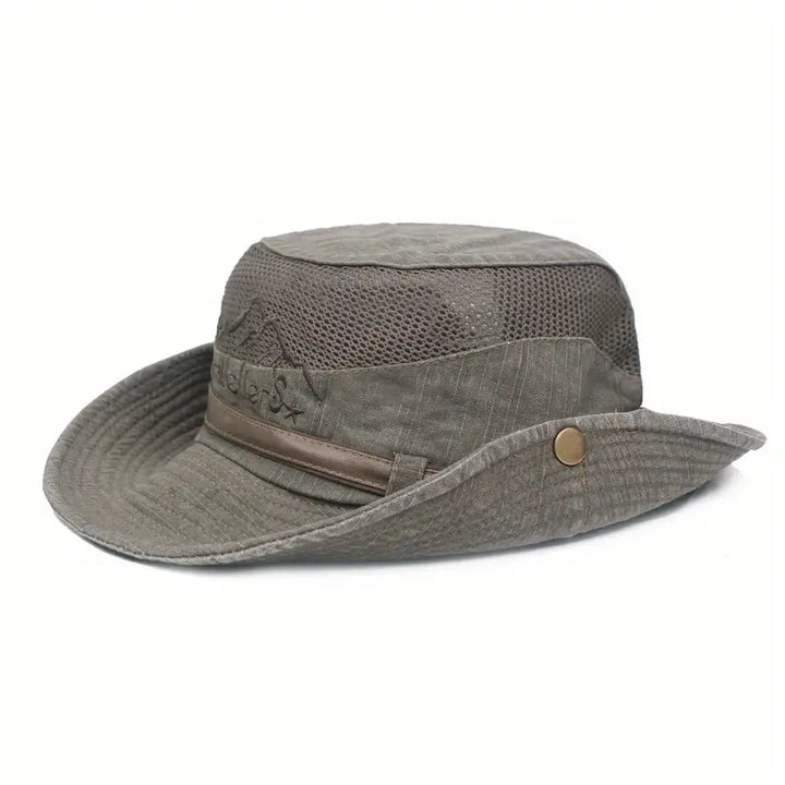 Outdoor Sonnenhut mit breitem Rand, UV-Schutz, verstellbaren Riemen, ideal für Wanderungen und Strandtage.