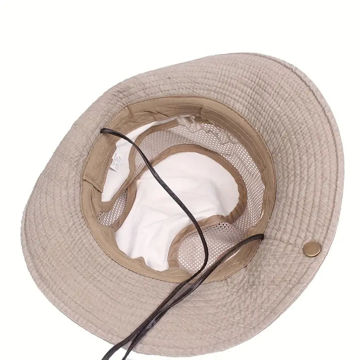 Outdoor Sonnenhut mit breitem Rand, UV-Schutz, verstellbaren Riemen, ideal für Wanderungen und Strandtage.