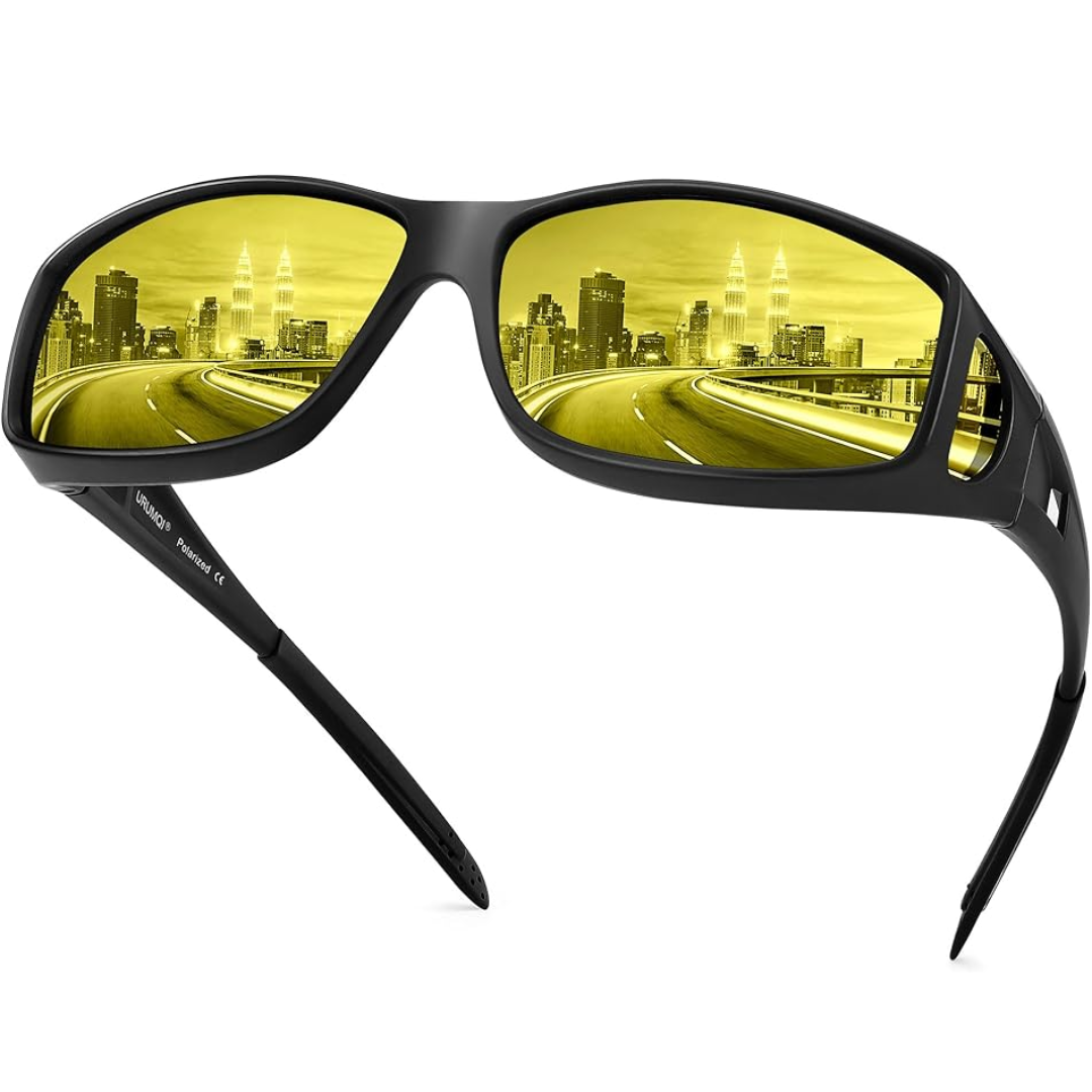 Polarisierte Nachtfahrbrille, gelbe Gläser, seitliche Ansicht; reduziert Blendung, ideal für sicheres Nachtfahren.