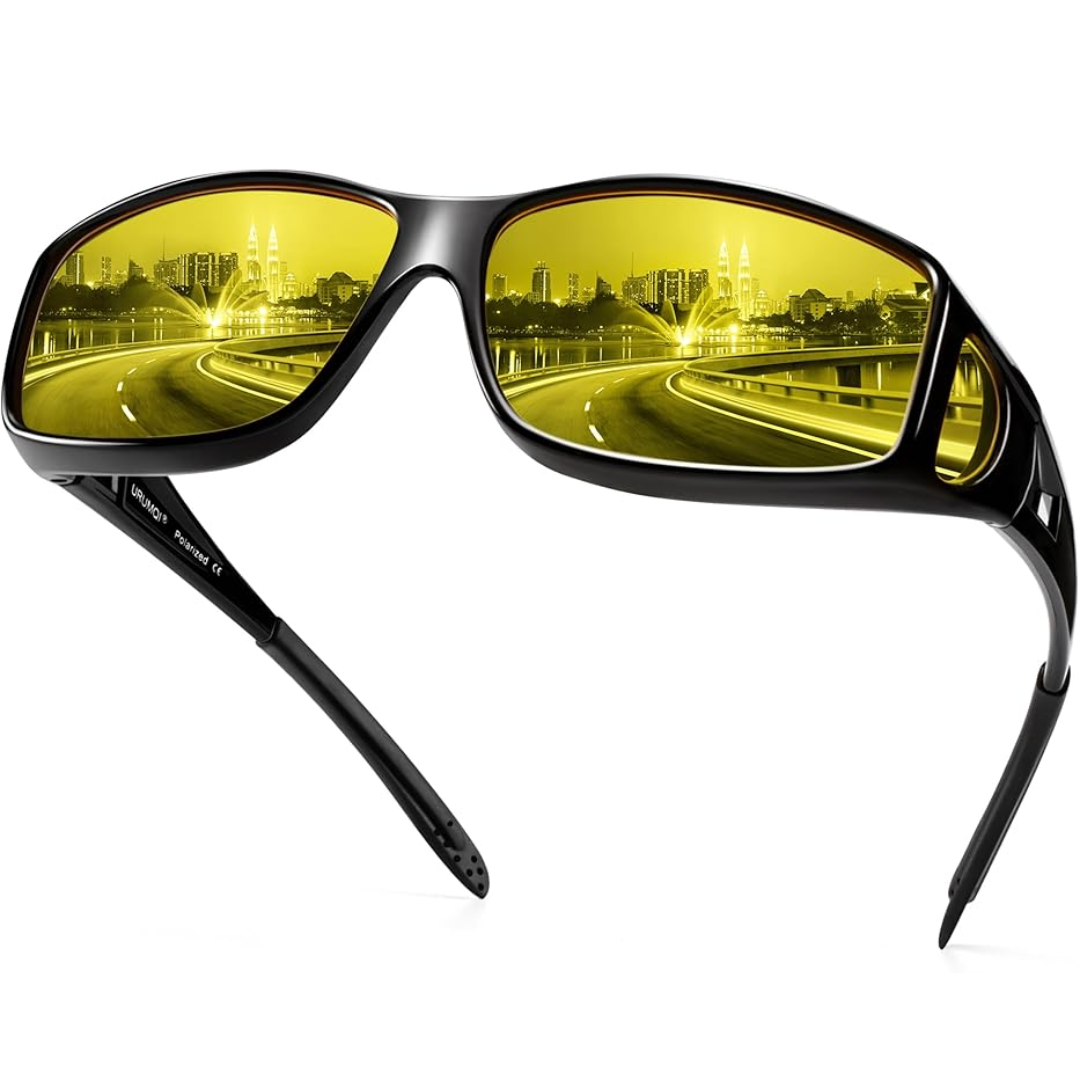 Polarisierte Nachtfahrbrille, gelbe Gläser, seitliche Ansicht; reduziert Blendung, ideal für sicheres Nachtfahren.