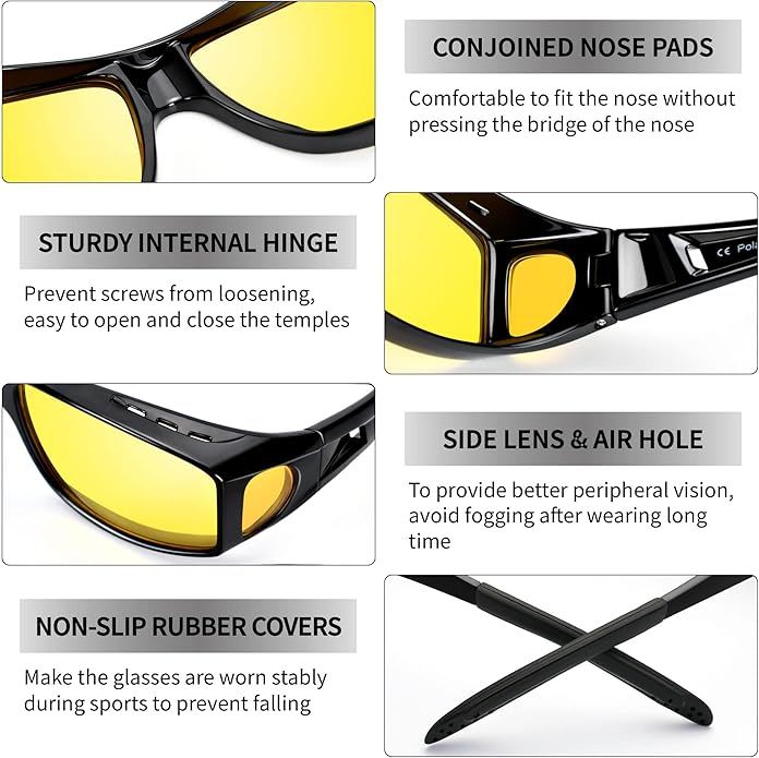 Polarisierte Nachtfahrbrille, gelbe Gläser, seitliche Ansicht; reduziert Blendung, ideal für sicheres Nachtfahren.