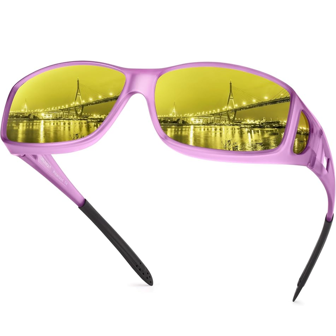 Polarisierte Nachtfahrbrille, gelbe Gläser, seitliche Ansicht; reduziert Blendung, ideal für sicheres Nachtfahren.