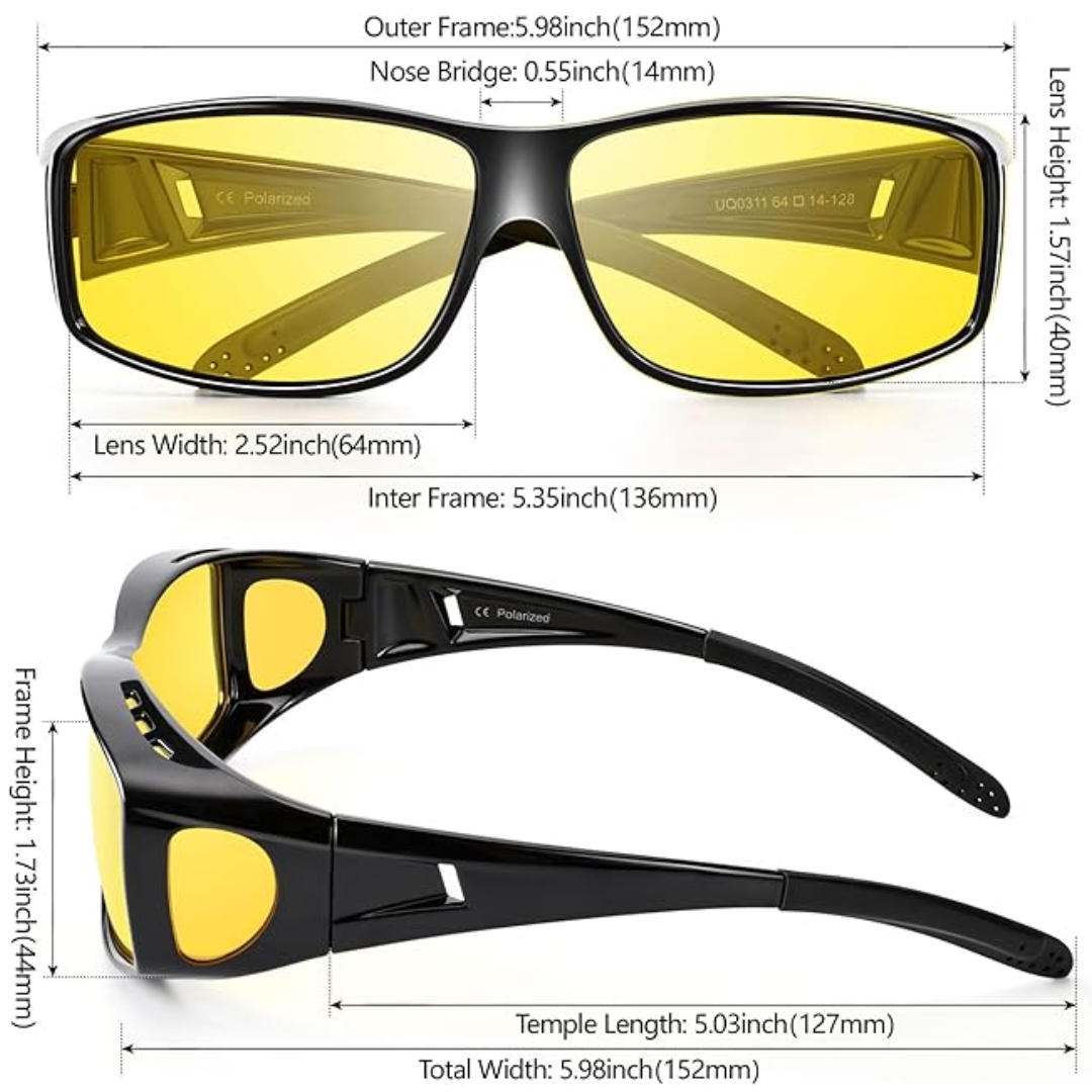 Polarisierte Nachtfahrbrille, gelbe Gläser, seitliche Ansicht; reduziert Blendung, ideal für sicheres Nachtfahren.