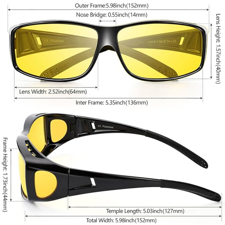 Polarisierte Nachtfahrbrille, gelbe Gläser, seitliche Ansicht; reduziert Blendung, ideal für sicheres Nachtfahren.