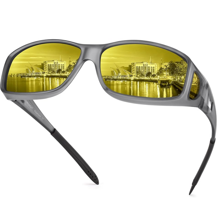 Polarisierte Nachtfahrbrille, gelbe Gläser, seitliche Ansicht; reduziert Blendung, ideal für sicheres Nachtfahren.