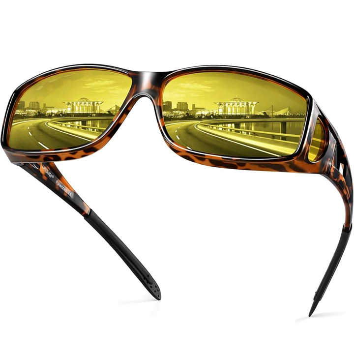 Polarisierte Nachtfahrbrille, gelbe Gläser, seitliche Ansicht; reduziert Blendung, ideal für sicheres Nachtfahren.