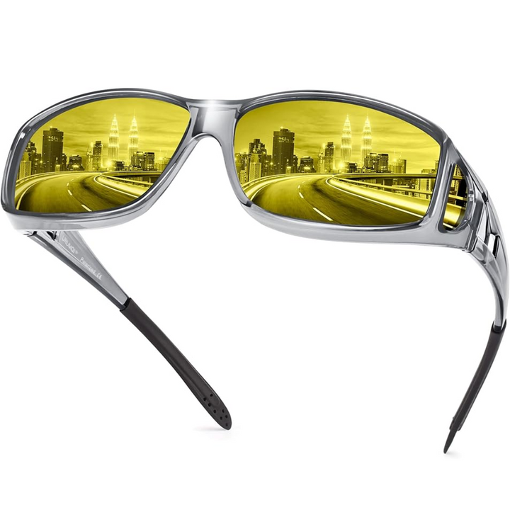 Polarisierte Nachtfahrbrille, gelbe Gläser, seitliche Ansicht; reduziert Blendung, ideal für sicheres Nachtfahren.