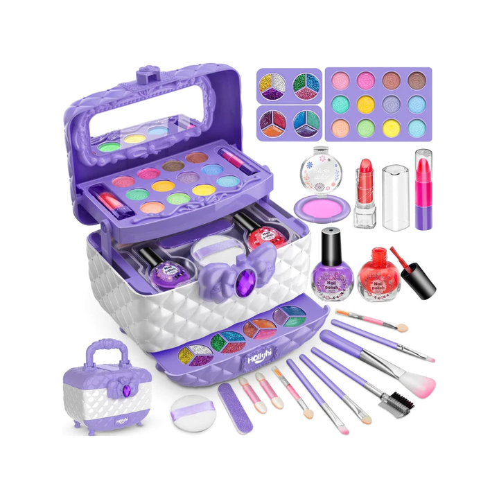Prinzessinnen Schminkset für Kinder, bunt mit Lippenstift, Lidschatten, Pinsel; fördert kreatives Spielen.