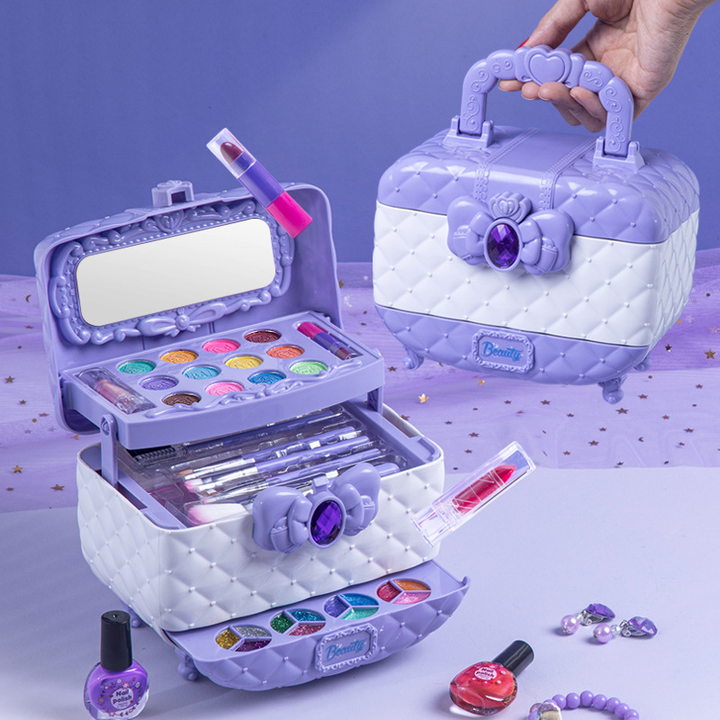 Prinzessinnen Schminkset für Kinder, bunt mit Lippenstift, Lidschatten, Pinsel; fördert kreatives Spielen.