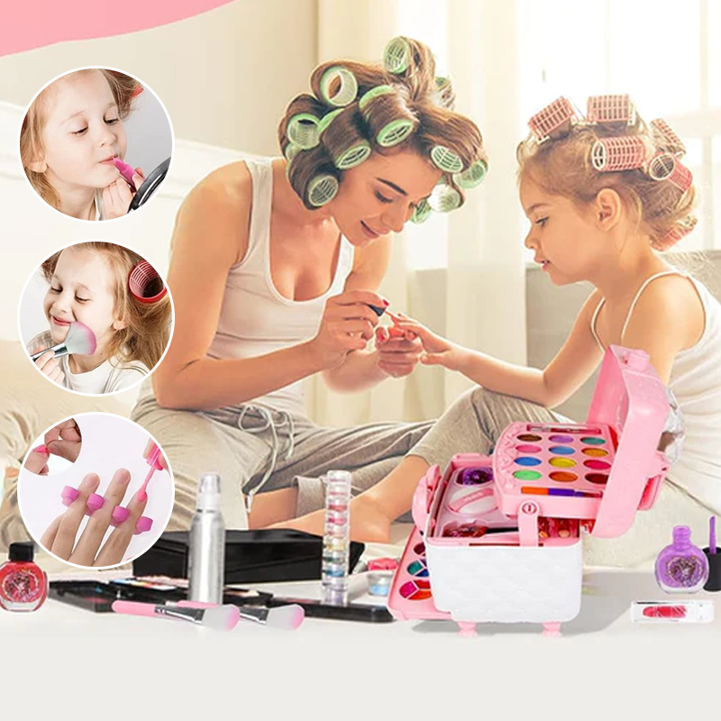 Prinzessinnen Schminkset für Kinder, bunt mit Lippenstift, Lidschatten, Pinsel; fördert kreatives Spielen.