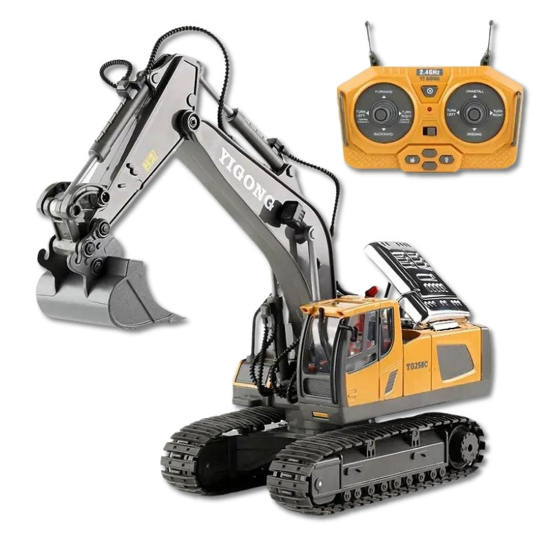 "RC Bagger, ferngesteuertes Metallfahrzeug mit 11 Funktionen, realistisches Design, ideal für Technikbegeisterte."